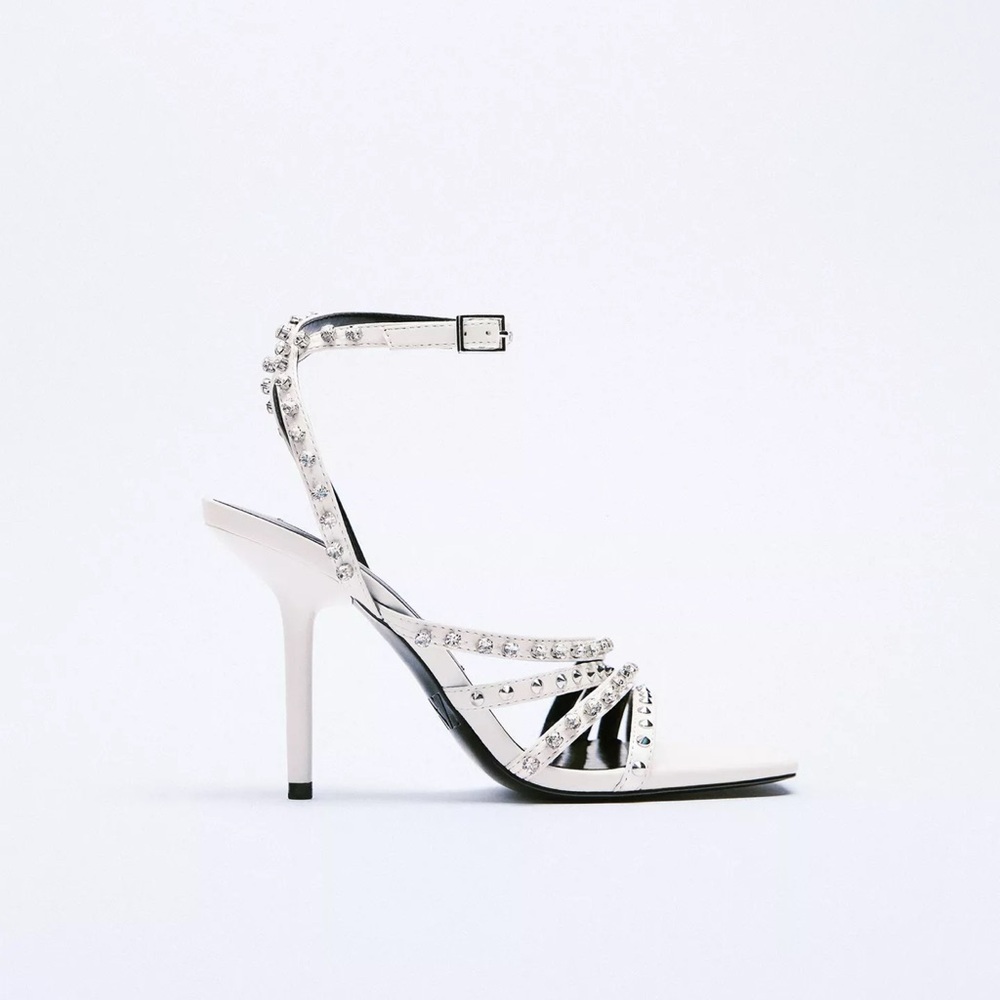 ZARA High Heel Studded Elegant White Strappy Sandals